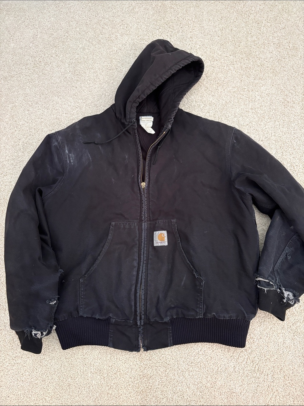 Carhartt Black Thrashed Work Hooded Bomber Jacket Size XL Distressed Vintage